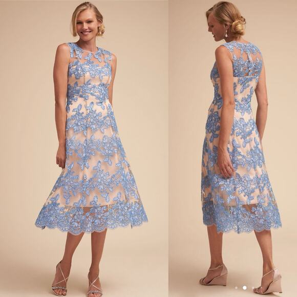 Anthropologie BHLDN Tonya Dress Tea Length Blue Lace Overlay Sleeveless Size 6 - Picture 1 of 10